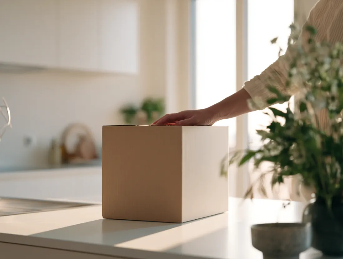 Wochen-Box wird auf der Küchenarbeitsplatte ausgepackt